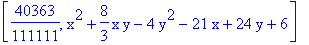 [40363/111111, x^2+8/3*x*y-4*y^2-21*x+24*y+6]